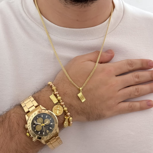 Cadena Tejido Chino de Hombre de 60cm de 3mm de Grosor + Dije de Billete  de Dolar + Pulsera de Abundancia y Proteccion en Oro Laminado 73639318595100118k con Garantia de por vida  + Reloj Rolex de Hombre