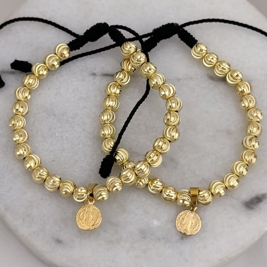 2 Pulseras para Parejas en Balin Italiano de 6mm con Dije de San Benito Proteccion en  Oro Laminado 18k con Garantia de por vida