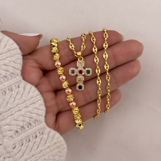 Cadena Tejido Gucci de Dama de 45cm de 3mm + Cruz Micro Circones de Colores + Pulseras Balin Italiano  6mm Y Oro Rosa en Oro Laminado 18k con Garantia de por vida