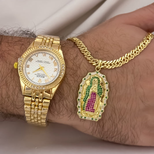 Cadena Cubana Cruzada Gruesa de 60cm de 5mm + Virgen de Guadalupe Tallada Micro Circones de Colores + Reloj Rolex en Oro Laminado 18k con Garantía de por  vida
