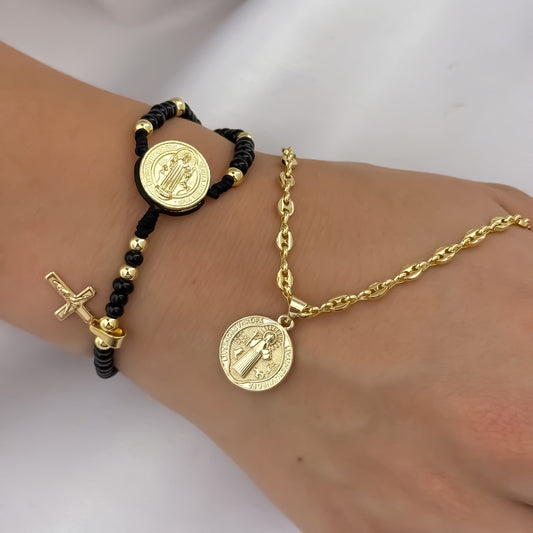Cadena Tejido Gucci de Dama de 45cm de 3mm de Grosor + Amuleto de San Benito Protección + Denario San Benito Protección en Oro Laminado 18k con Garantía de por vida