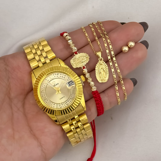 Cadena Tejido Escalera Plana  + Virgen de Guadalupe + Pulsera Guadalupe Tallada + Topos Balin de Balin 6mm en Oro Laminado 18k  con Gaarantia de por vida  Reloj Rolex de Dama