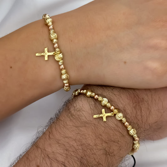 Pulseras para Parejas  Balín Italiano Y Oro Rosa  con Cruz en oro Laminado 18k con Garantía de por vida
