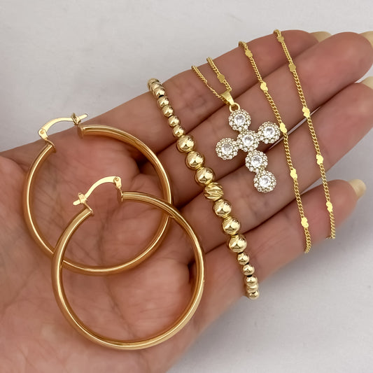 Conjunto de Cadena Tejido Cubana Corazones + Cruz Micro circones + Pulsera full Balines de 6mm + Candongas Tubular Grande de 10mm en Oro Laminado 18k con Garantia de por vida