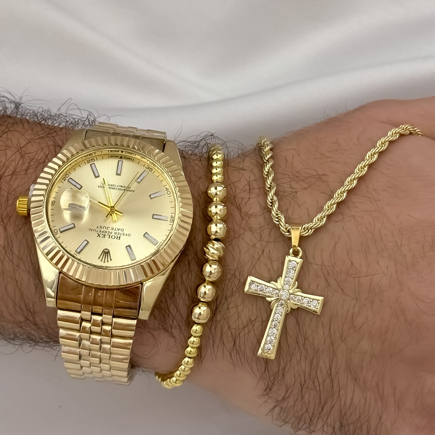 Cadena Tejido Lazo Siciliano de 60cm de 3mm de Grosor + Cruz con Micro circones cristales  + Pulsera Full Balines  Liso de 5mm 6mm + Reloj Rolex de Caballero