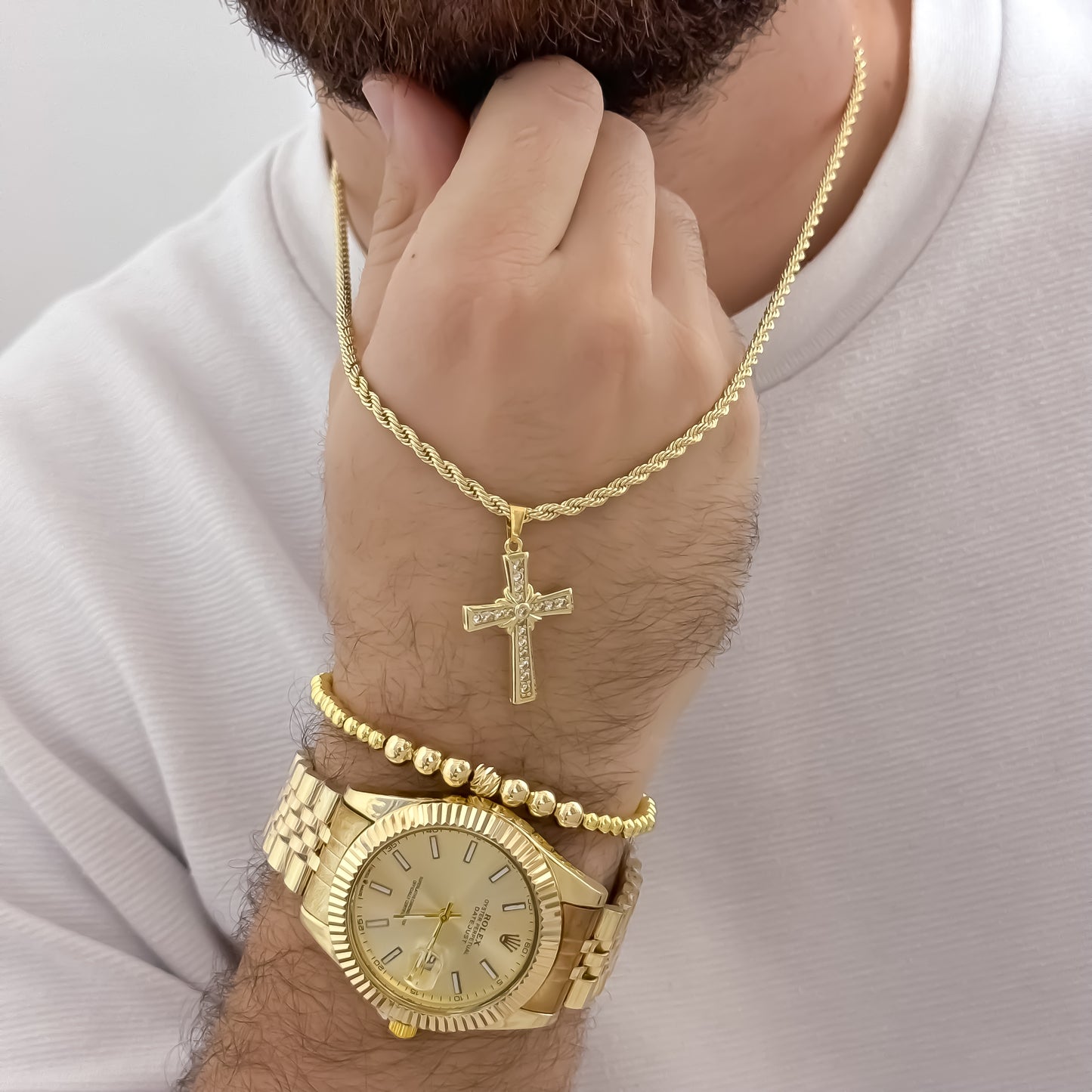 Cadena Tejido Lazo Siciliano de 60cm de 3mm de Grosor + Cruz con Micro circones cristales  + Pulsera Full Balines  Liso de 5mm 6mm + Reloj Rolex de Caballero