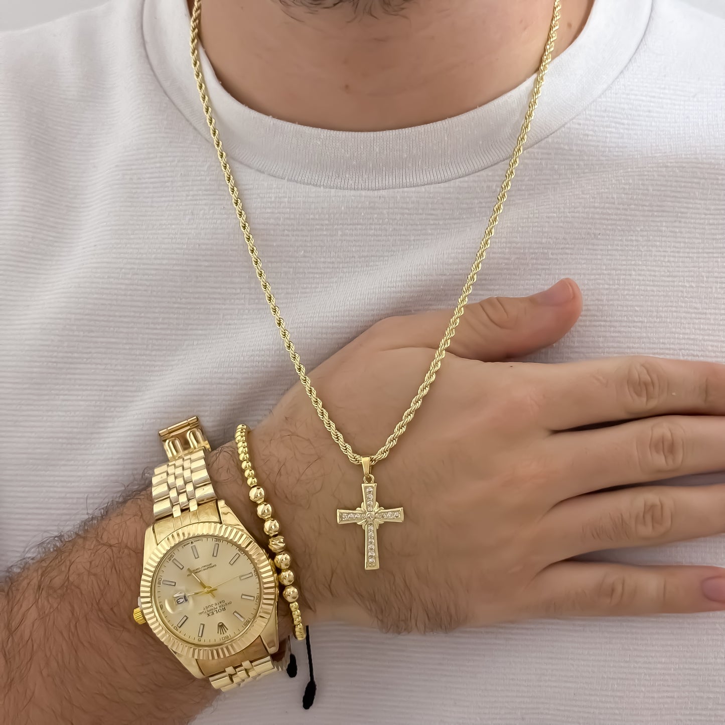 Cadena Tejido Lazo Siciliano de 60cm de 3mm de Grosor + Cruz con Micro circones cristales  + Pulsera Full Balines  Liso de 5mm 6mm + Reloj Rolex de Caballero