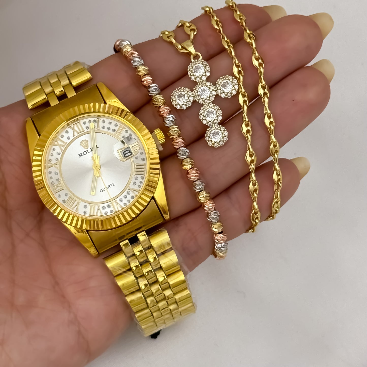 Cadena Tejido Gucci de Dama de 45cm de 3mm de Grosor + Cruz con Micro circones Cristal + Pulsera de 3 Oros en Balin Italiano + Reloj Rolex de Dama en Oro Laminado 18k