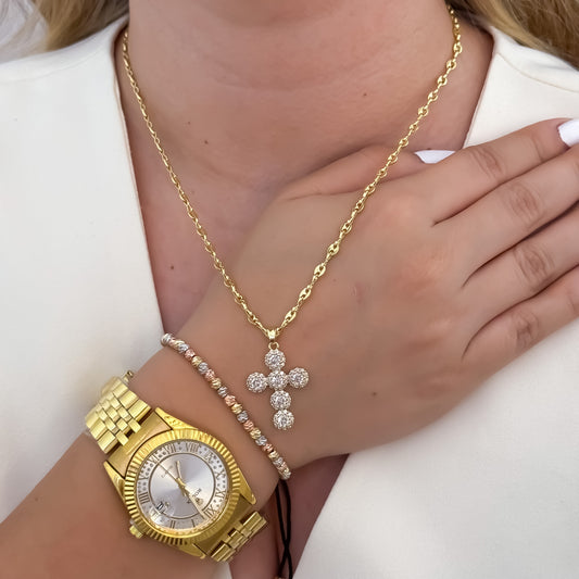 Cadena Tejido Gucci de Dama de 45cm de 3mm de Grosor + Cruz con Micro circones Cristal + Pulsera de 3 Oros en Balin Italiano + Reloj Rolex de Dama en Oro Laminado 18k
