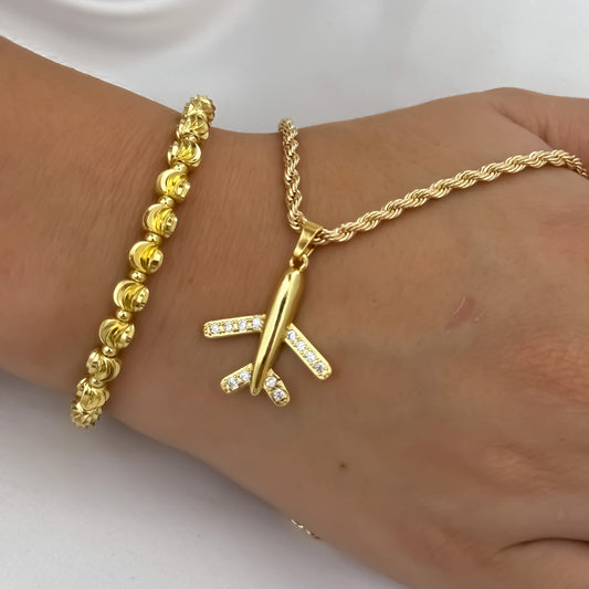 Cadena Tejido Lazo Siciliano de Dama de 45cm + Dije de Avion con Micro circones + Pulsera Tejida en Balin Italianode 6mm en Oro Laminado 18k con Garantia de por vida