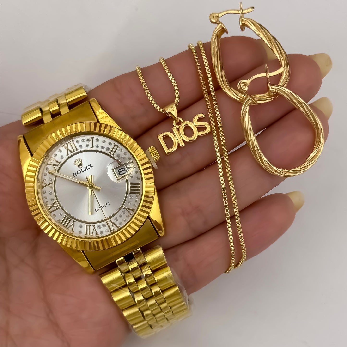 Cadena Tejido Veneciano + Dije de Dios + Candongas melcochas  en Oro Laminado 18k con Garantia de por vida + Reloj Rolex de Dama con Garantia