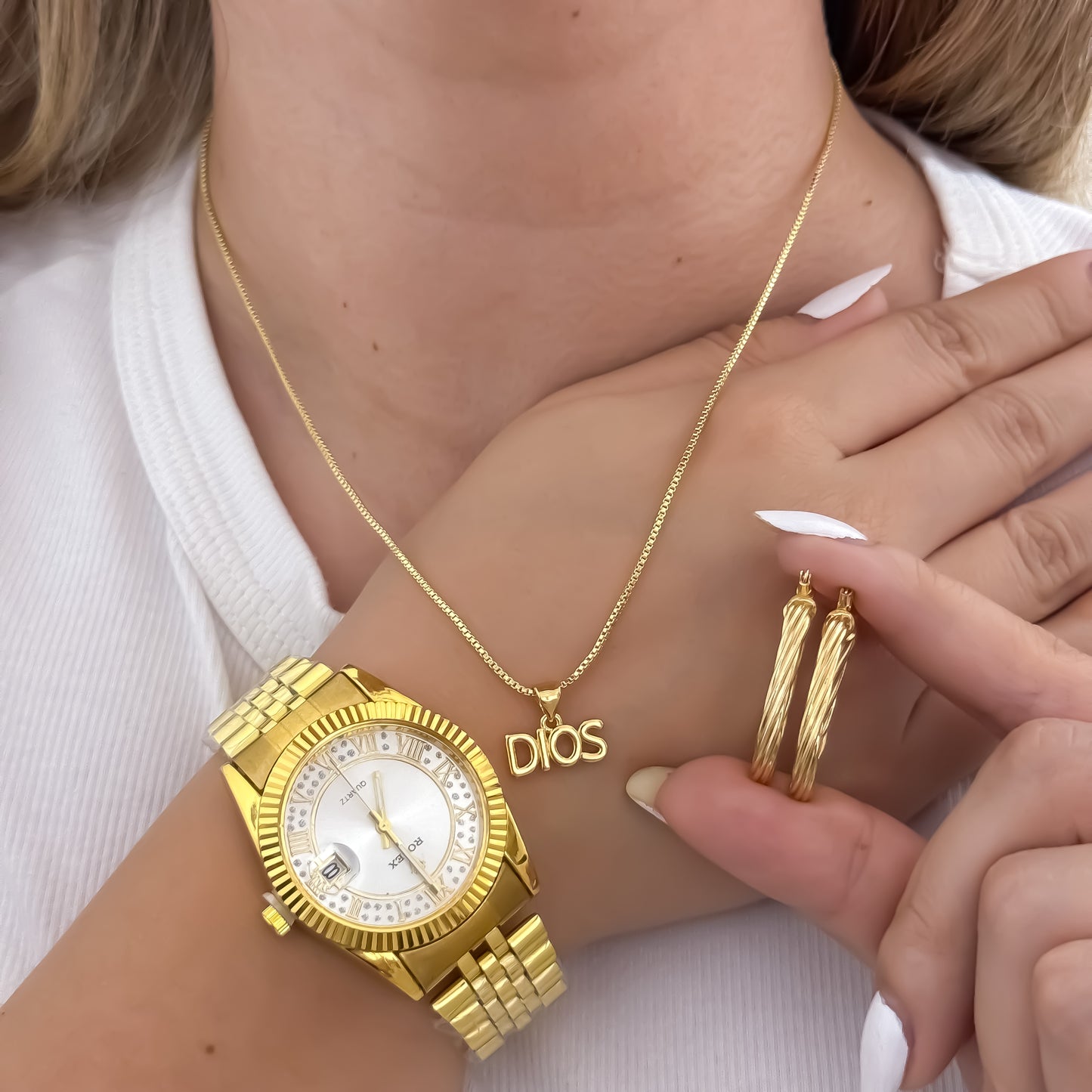 Cadena Tejido Veneciano + Dije de Dios + Candongas melcochas  en Oro Laminado 18k con Garantia de por vida + Reloj Rolex de Dama con Garantia