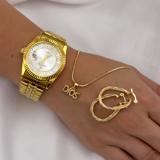 Cadena Tejido Veneciano + Dije de Dios + Candongas melcochas  en Oro Laminado 18k con Garantia de por vida + Reloj Rolex de Dama con Garantia