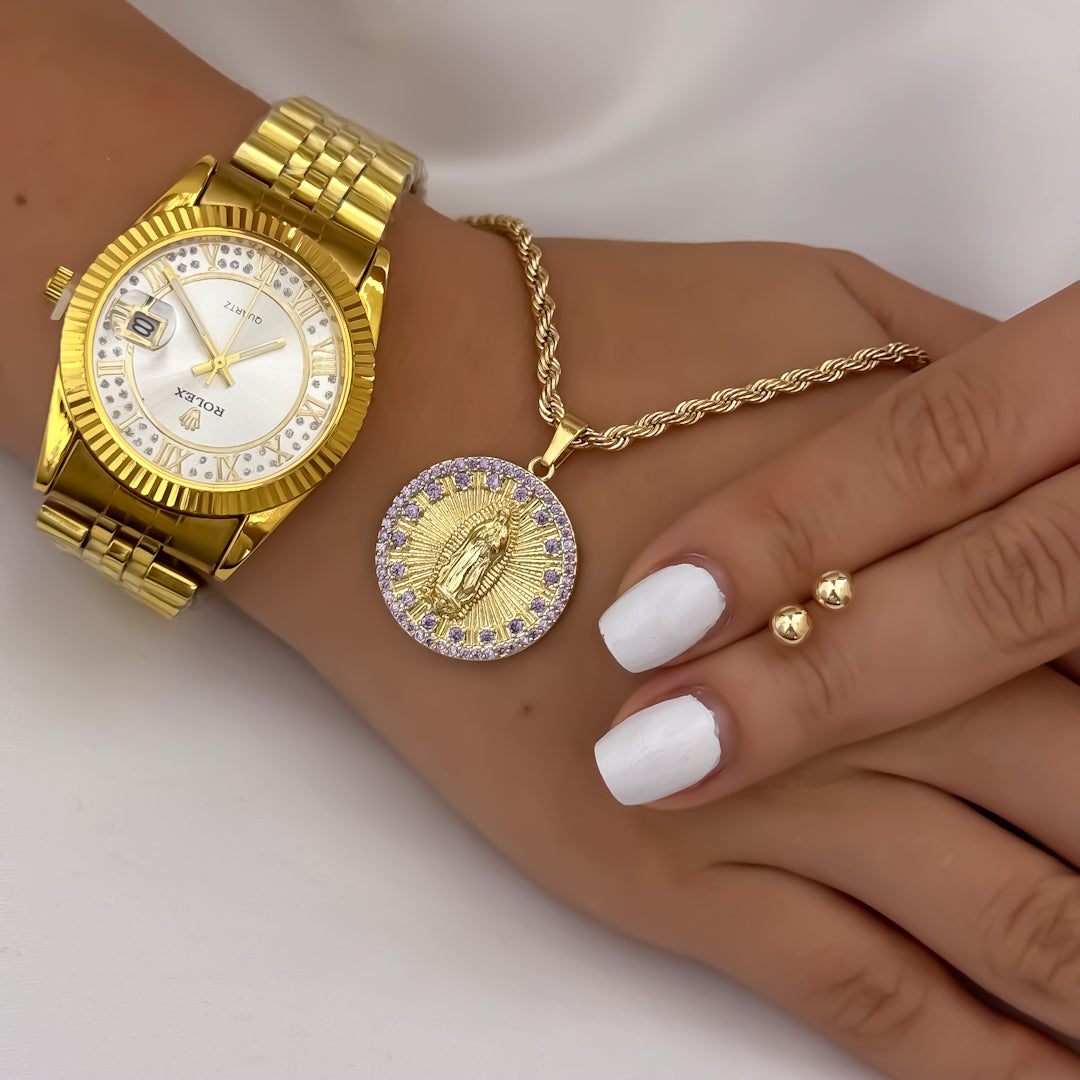 Cadena Tejido Lazo Siciliano de 45cm de 3mm + Virgen de Guadalupe con Circones + Topo balin de 5mm en Oro Laminado 18k con Garantía de  por vida  + Reloj de Dama Rolex con Garantía