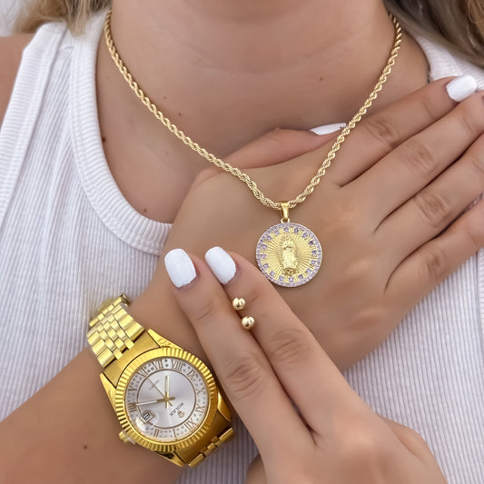 Cadena Tejido Lazo Siciliano de 45cm de 3mm + Virgen de Guadalupe con Circones + Topo balin de 5mm en Oro Laminado 18k con Garantía de  por vida  + Reloj de Dama Rolex con Garantía