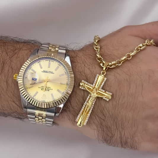 Cadena Tejido Gucci de Hombre de 60 m de 5mm  + Dije de Cruz Cristo Madero en Oro Laminado 18k con Garantía de por vida + Reloj Rolex Vicolor de Alta Calidad 1.1