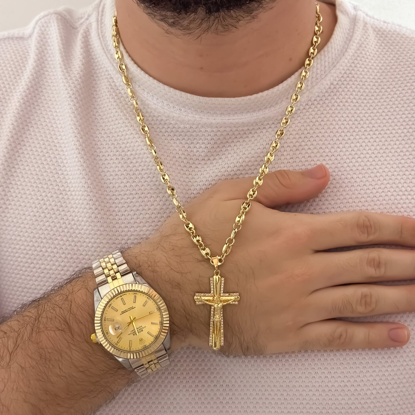 Cadena Tejido Gucci de Hombre de 60 m de 5mm  + Dije de Cruz Cristo Madero en Oro Laminado 18k con Garantía de por vida + Reloj Rolex Vicolor de Alta Calidad 1.1