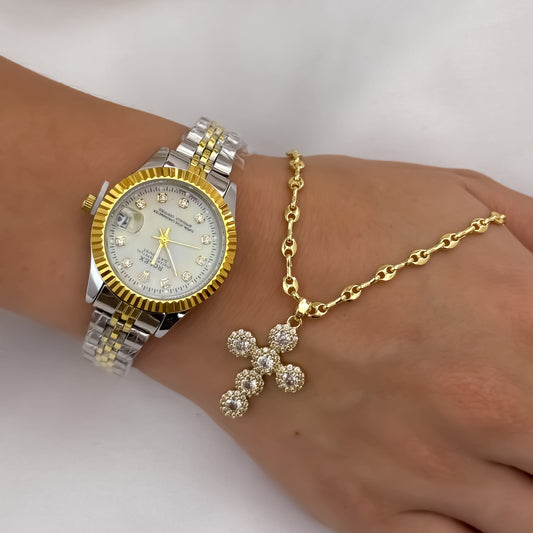 Cadena Tejido Gucci de Dama de 45cm de 3mm  + Cruz Con Micro circones en Oro Laminado 18k