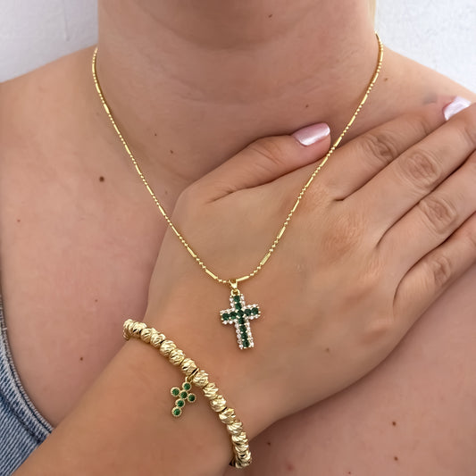Cadena Tejido Militar de Dama de 45cm + Cruz Verde Micro Circones Verde Esmeralda + Pulsera Cruz Balin Italiano en Oro Laminado 18k con Garantia de por vida