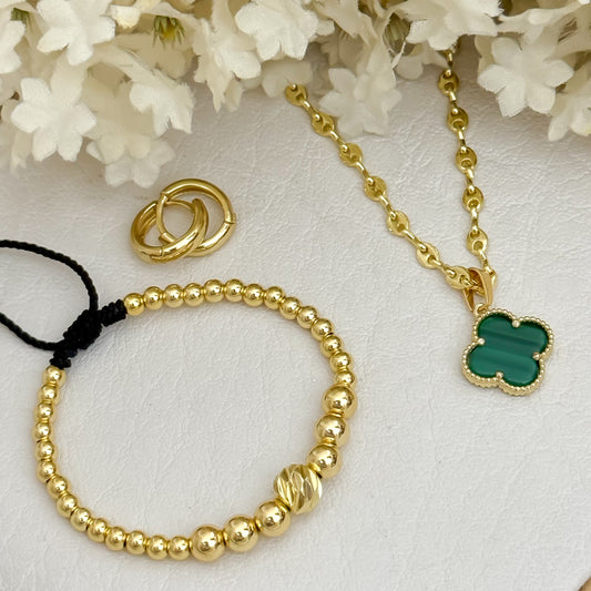 Juego de Cadena Tejido Gucci + Dije de Trébol Verde de la Buena Suerte + Pulsera Dama + Candongas Pequeñas en Oro Laminado 24k