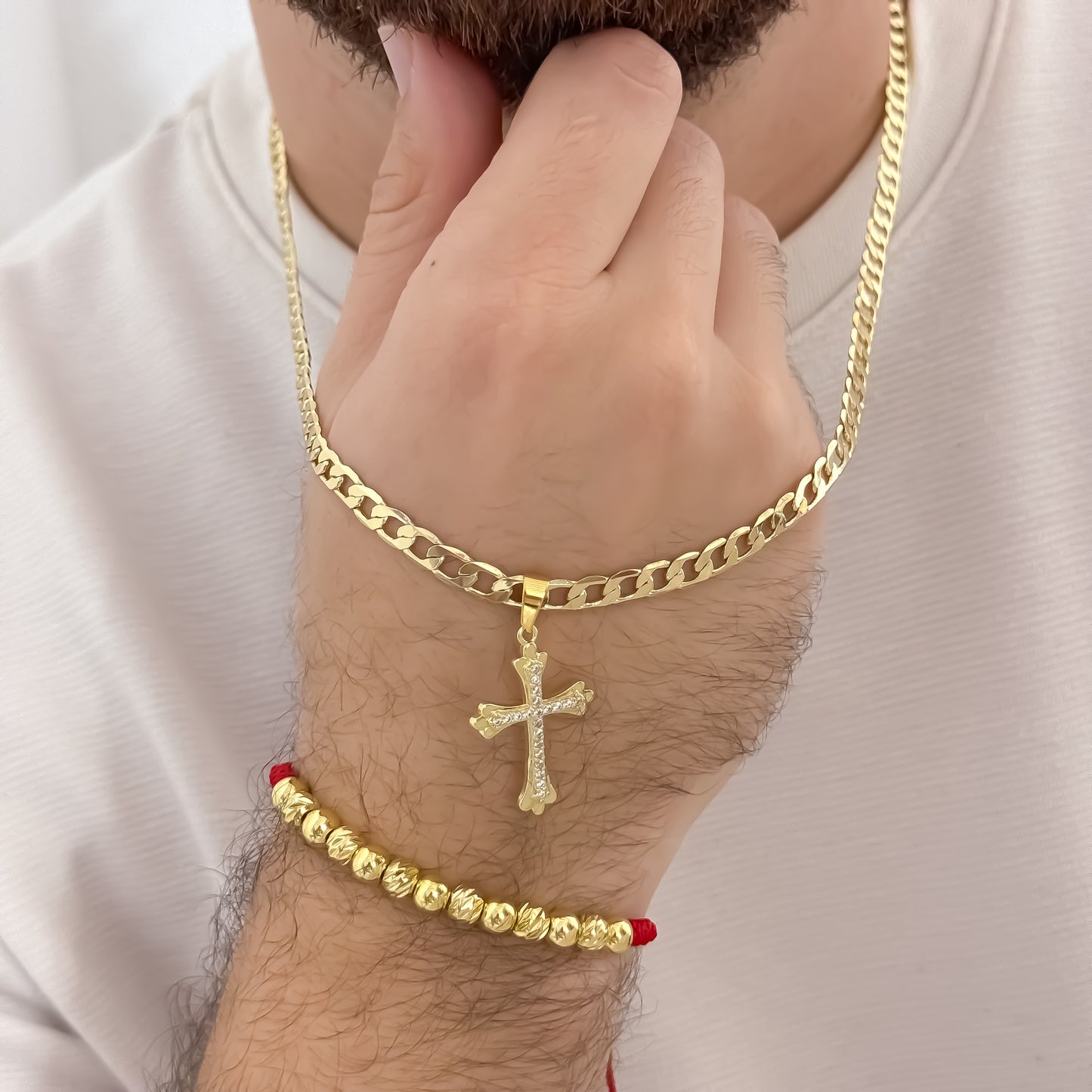 Cadena Cubana de Hombre Gruesa de 60cm de 5mm de Grosor + Cruz Trebol con Micro circones Cristales + Pulsera balin italiano de 6mm en Oro Laminado 18k