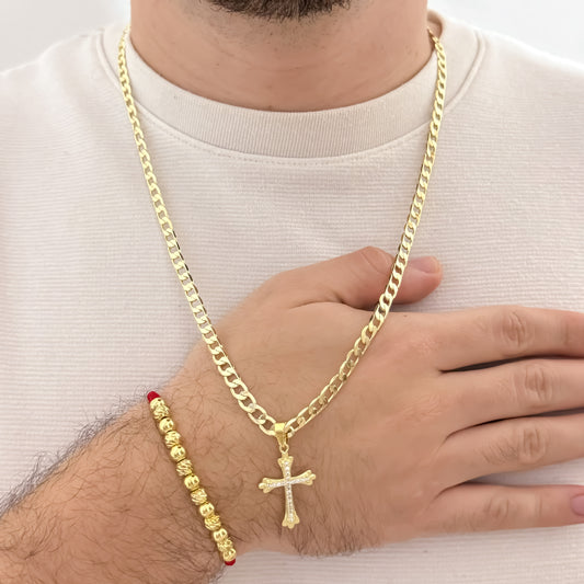 Cadena Cubana de Hombre Gruesa de 60cm de 5mm de Grosor + Cruz Trebol con Micro circones Cristales + Pulsera balin italiano de 6mm en Oro Laminado 18k
