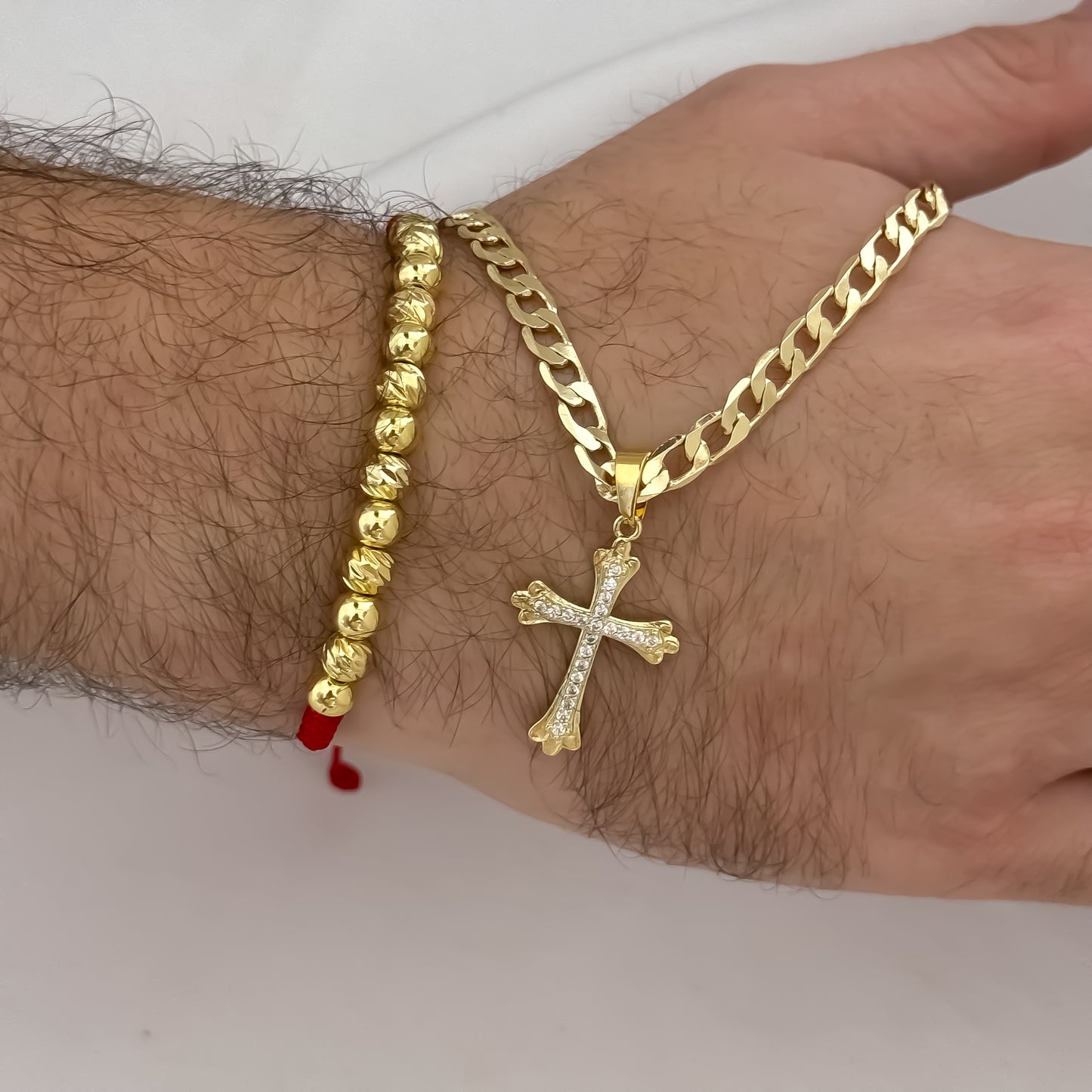 Cadena Cubana de Hombre Gruesa de 60cm de 5mm de Grosor + Cruz Trebol con Micro circones Cristales + Pulsera balin italiano de 6mm en Oro Laminado 18k
