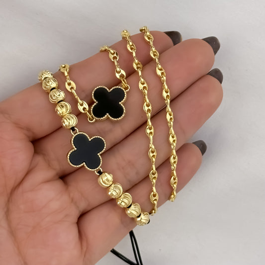 Choker Tejido Gucci con Dije Van Cleef Negro e de 40cm + Pulseras Van Cleef balin Italiano de 6mm en Oro Laminado 18k con Garantia de por vida