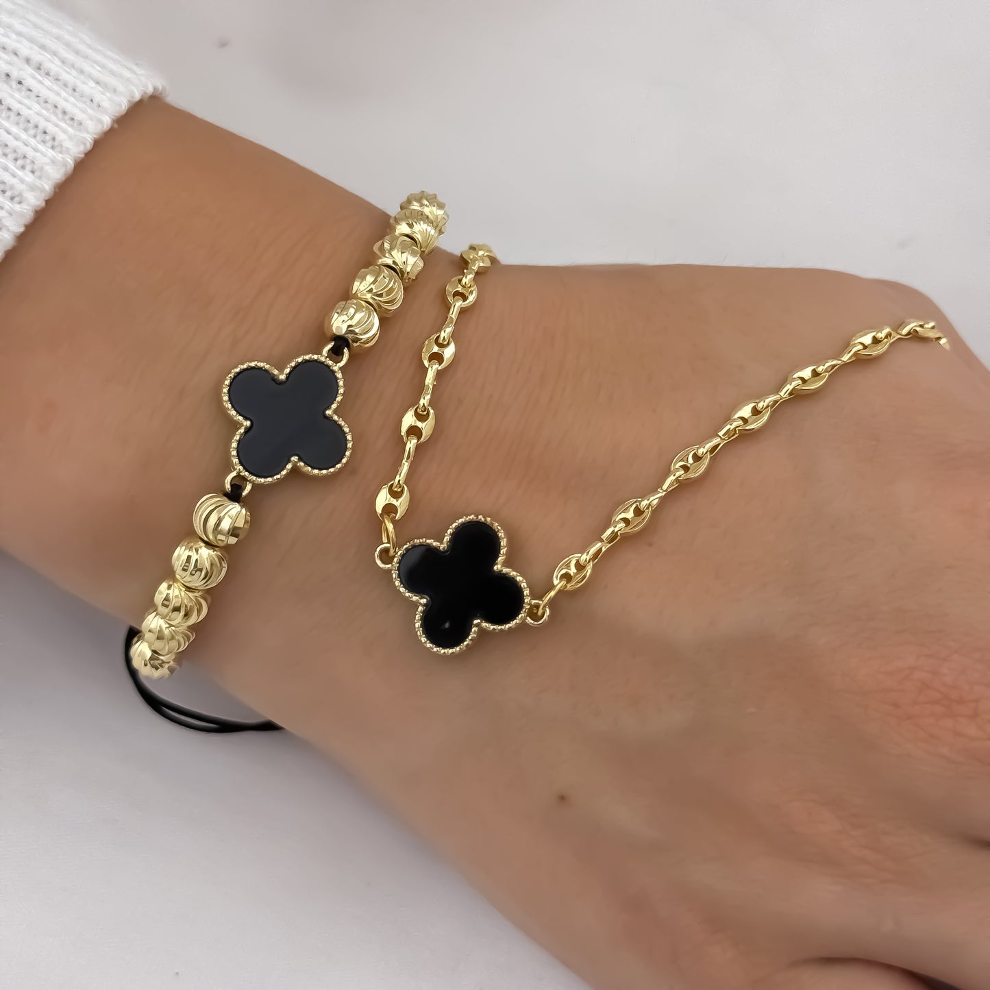 Choker Tejido Gucci con Dije Van Cleef Negro e de 40cm + Pulseras Van Cleef balin Italiano de 6mm en Oro Laminado 18k con Garantia de por vida