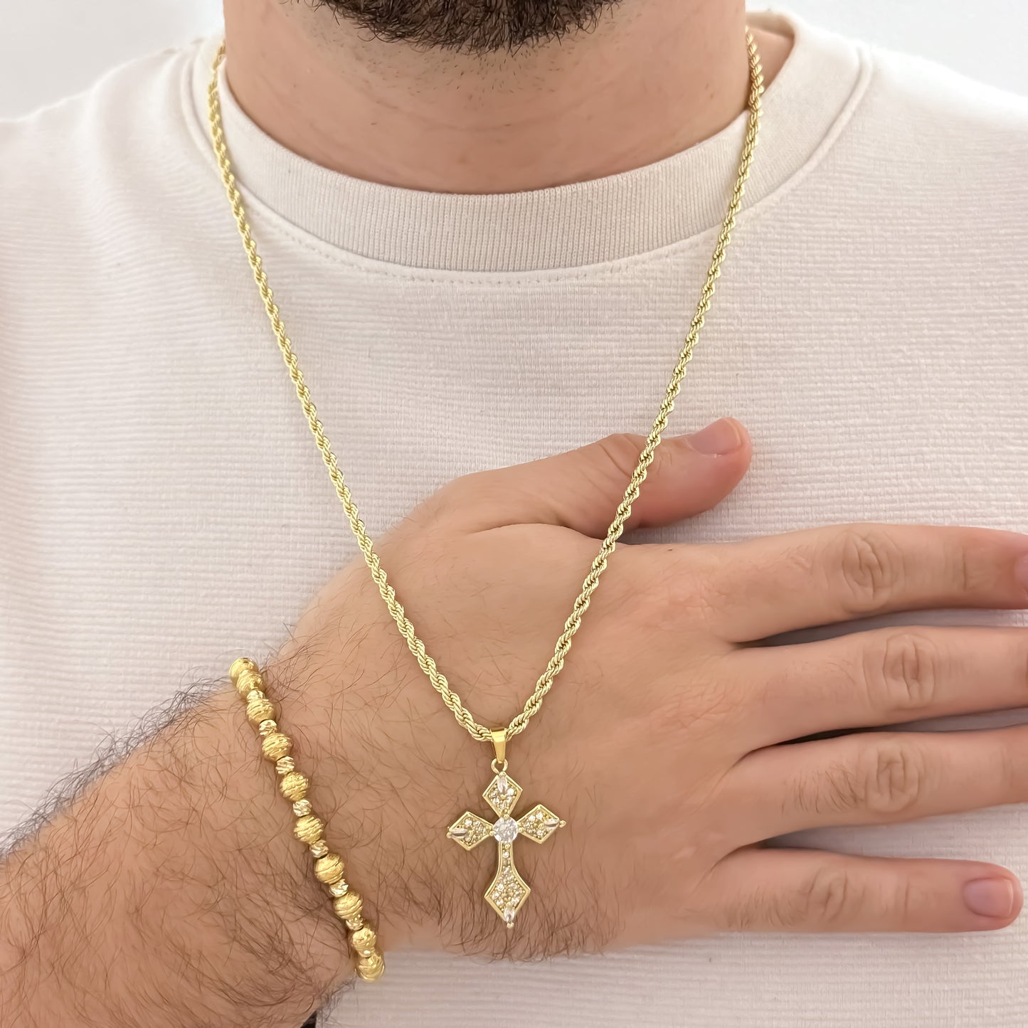 Cadena Tejido Lazo de Hombre de 60cm de 3,5mm + Cruz Trebol con Micro circones + Pulseras Diamantada en Oro Laminado 18k con Garantia de por vida