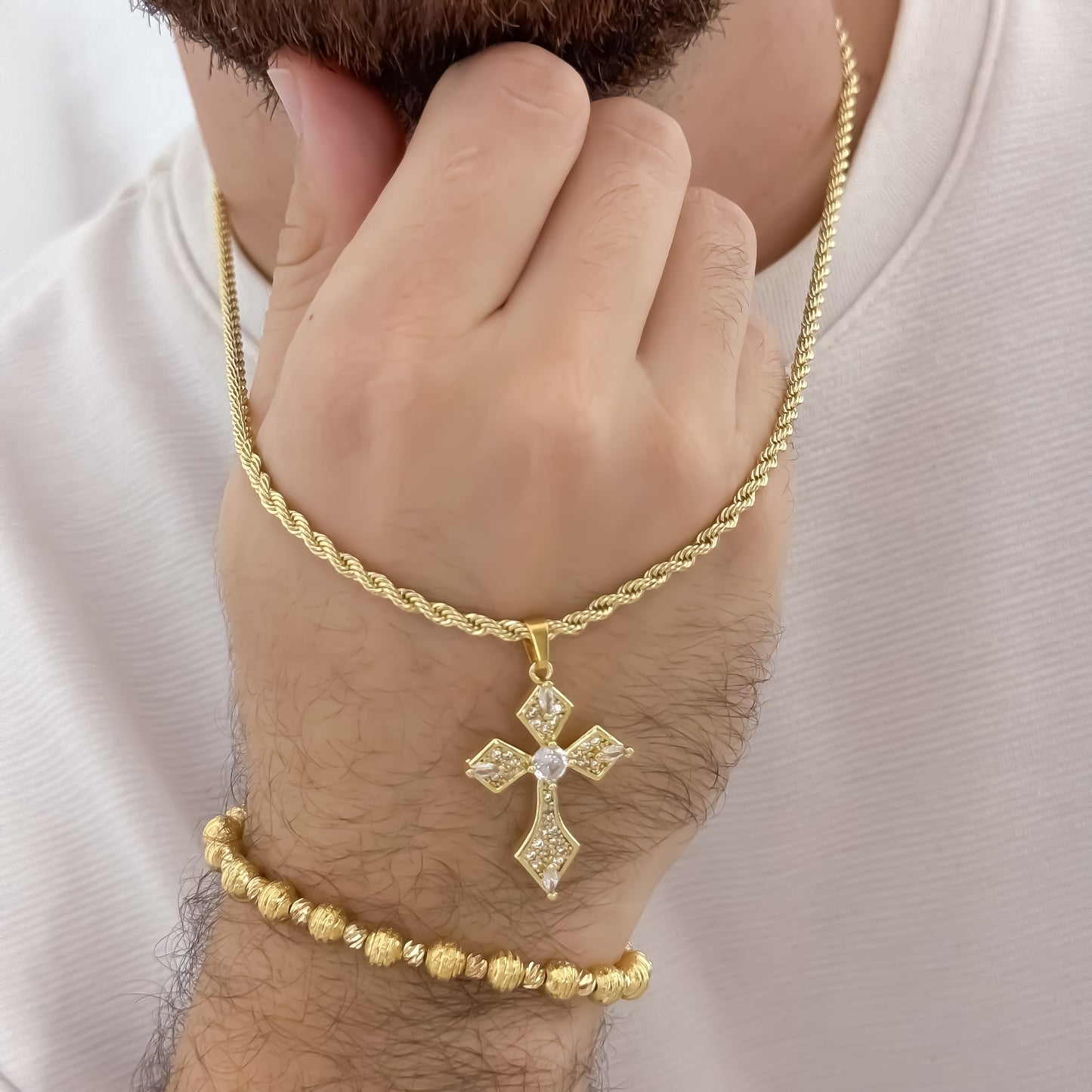 Cadena Tejido Lazo de Hombre de 60cm de 3,5mm + Cruz Trebol con Micro circones + Pulseras Diamantada en Oro Laminado 18k con Garantia de por vida