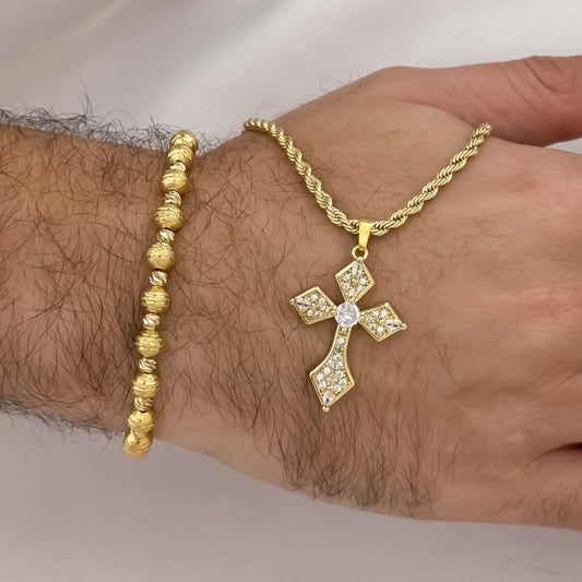 Cadena Tejido Lazo de Hombre de 60cm de 3,5mm + Cruz Trebol con Micro circones + Pulseras Diamantada en Oro Laminado 18k con Garantia de por vida