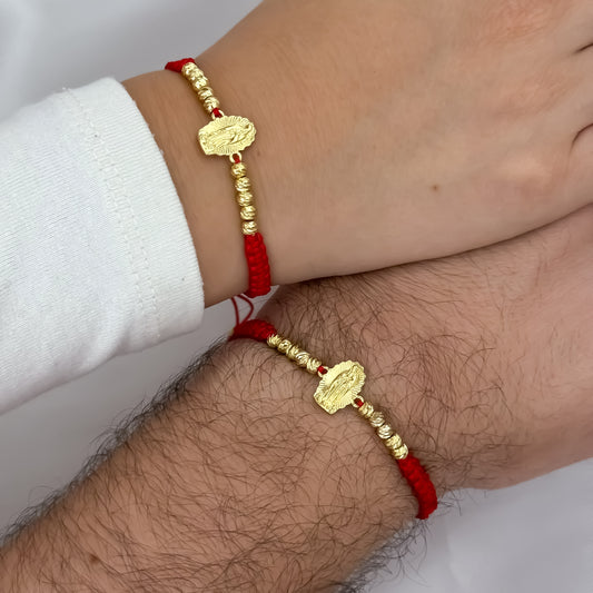 2 Brazales de Virgen de Guadalupe Balin Italiano de 4mm en Hilo Rojo en Oro Laminado 18k con Garantia de por vida
