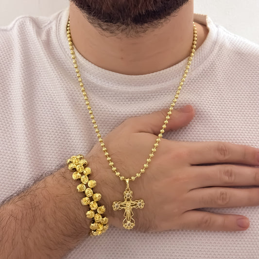 Cadena Tejido Militar Diaamnta de 60cm de 4mm + Cruz Cristo Madero + Pulsera 3 Carriles en Balin Italiano de 8mm en Oro Laminado 18k con Garantía de por vida