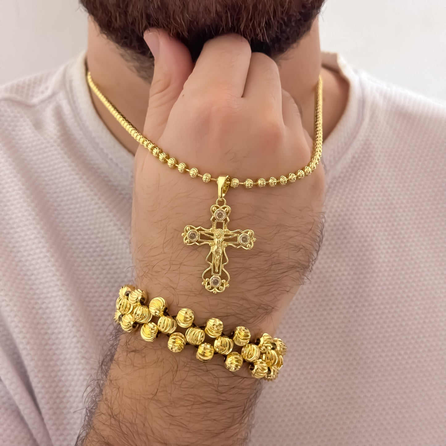 Cadena Tejido Militar Diaamnta de 60cm de 4mm + Cruz Cristo Madero + Pulsera 3 Carriles en Balin Italiano de 8mm en Oro Laminado 18k con Garantía de por vida