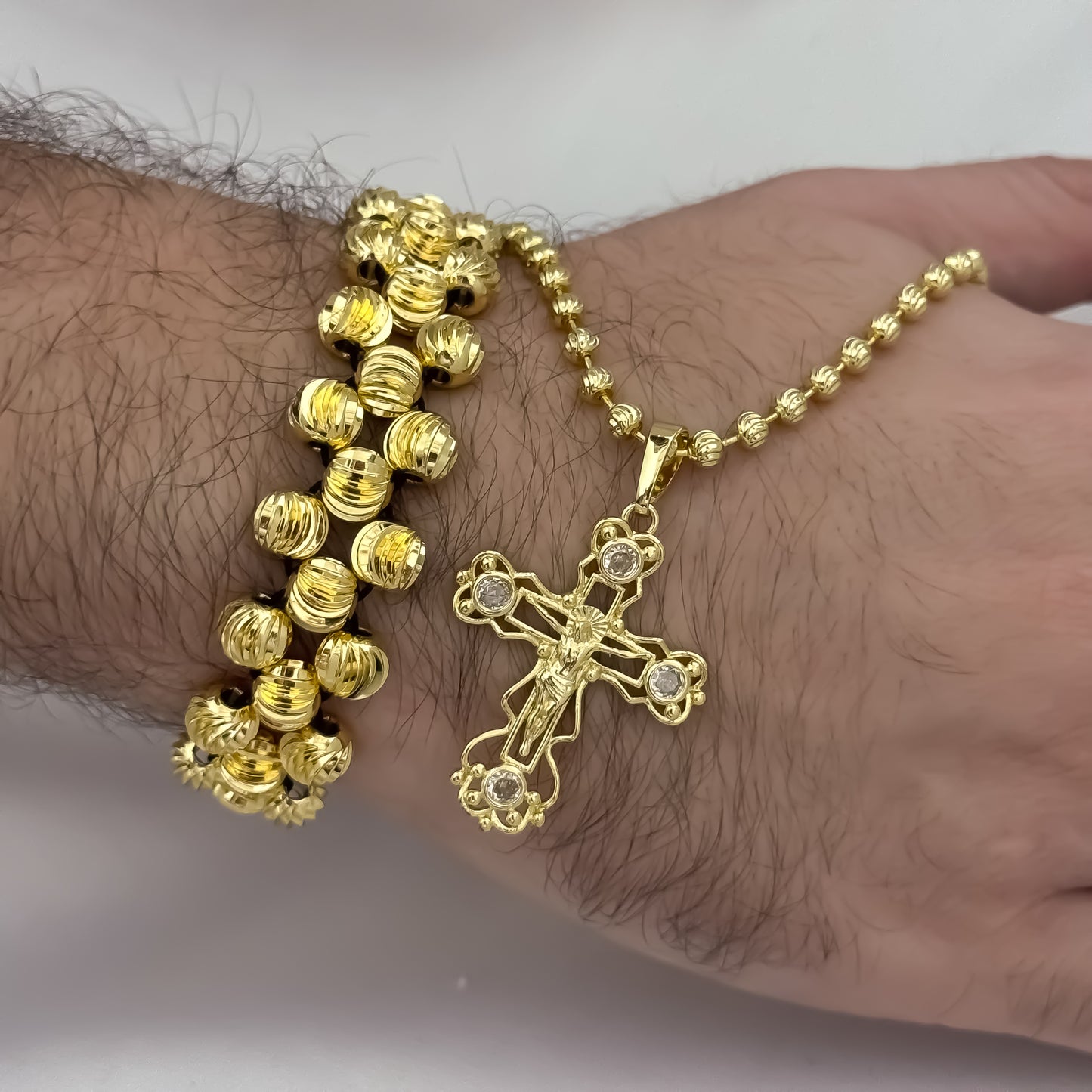 Cadena Tejido Militar Diaamnta de 60cm de 4mm + Cruz Cristo Madero + Pulsera 3 Carriles en Balin Italiano de 8mm en Oro Laminado 18k con Garantía de por vida
