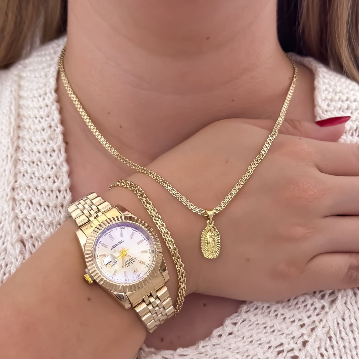 Conjunto Tejido Chino de Dama + Virgen de Guadalupe + Pulsera China + Reloj Rolex de Dama en Oro Laminado 18k con Garantia de por vida