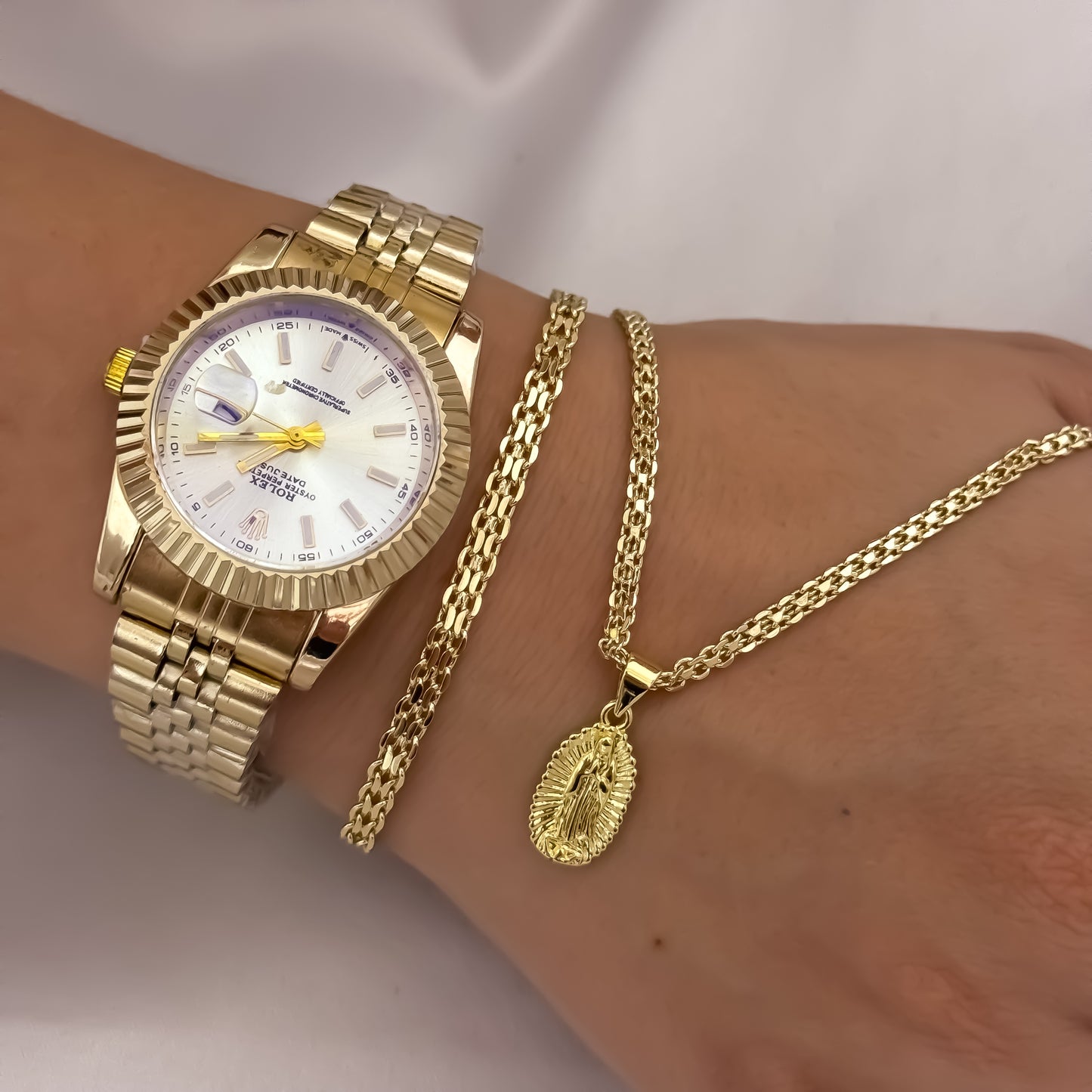 Conjunto Tejido Chino de Dama + Virgen de Guadalupe + Pulsera China + Reloj Rolex de Dama en Oro Laminado 18k con Garantia de por vida