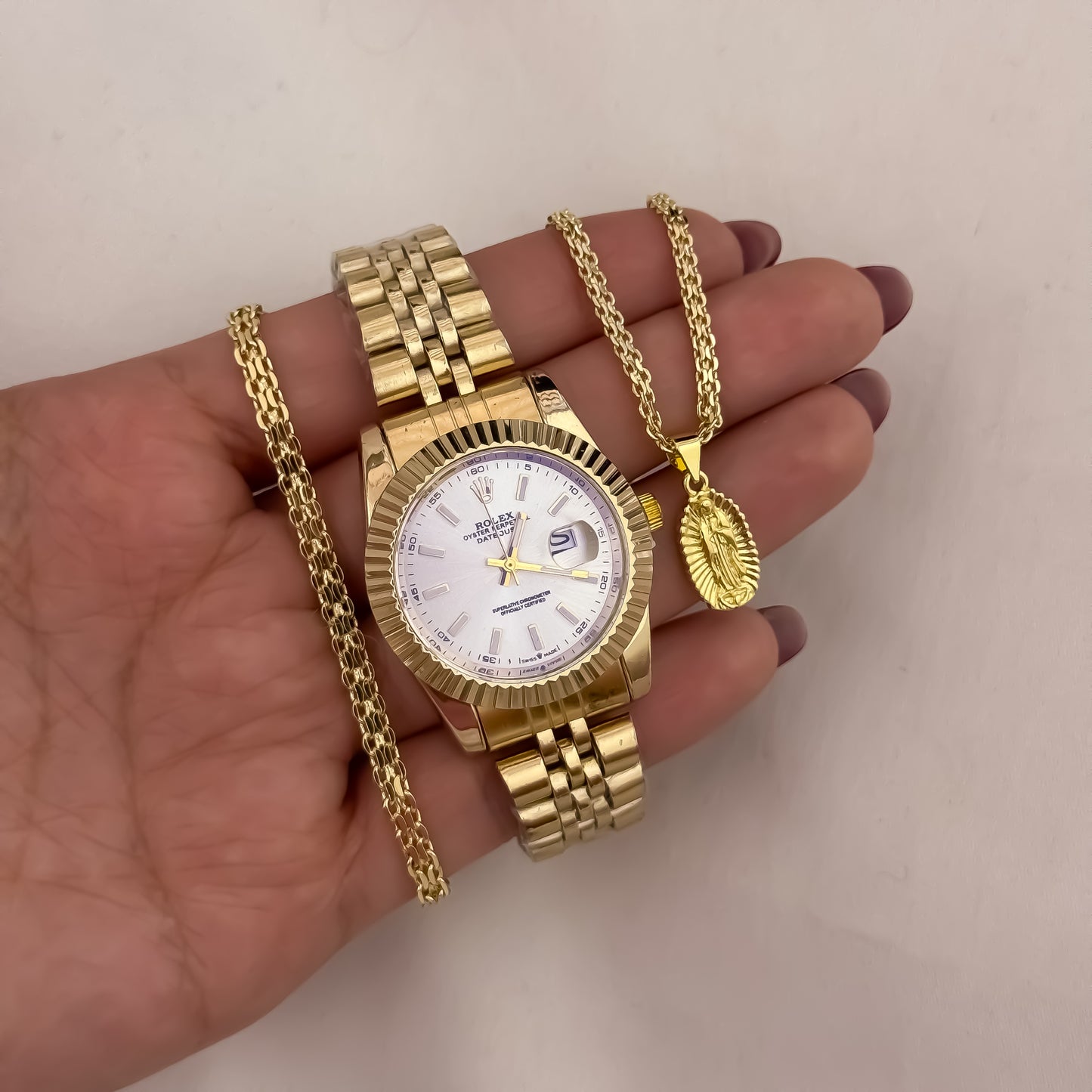 Conjunto Tejido Chino de Dama + Virgen de Guadalupe + Pulsera China + Reloj Rolex de Dama en Oro Laminado 18k con Garantia de por vida
