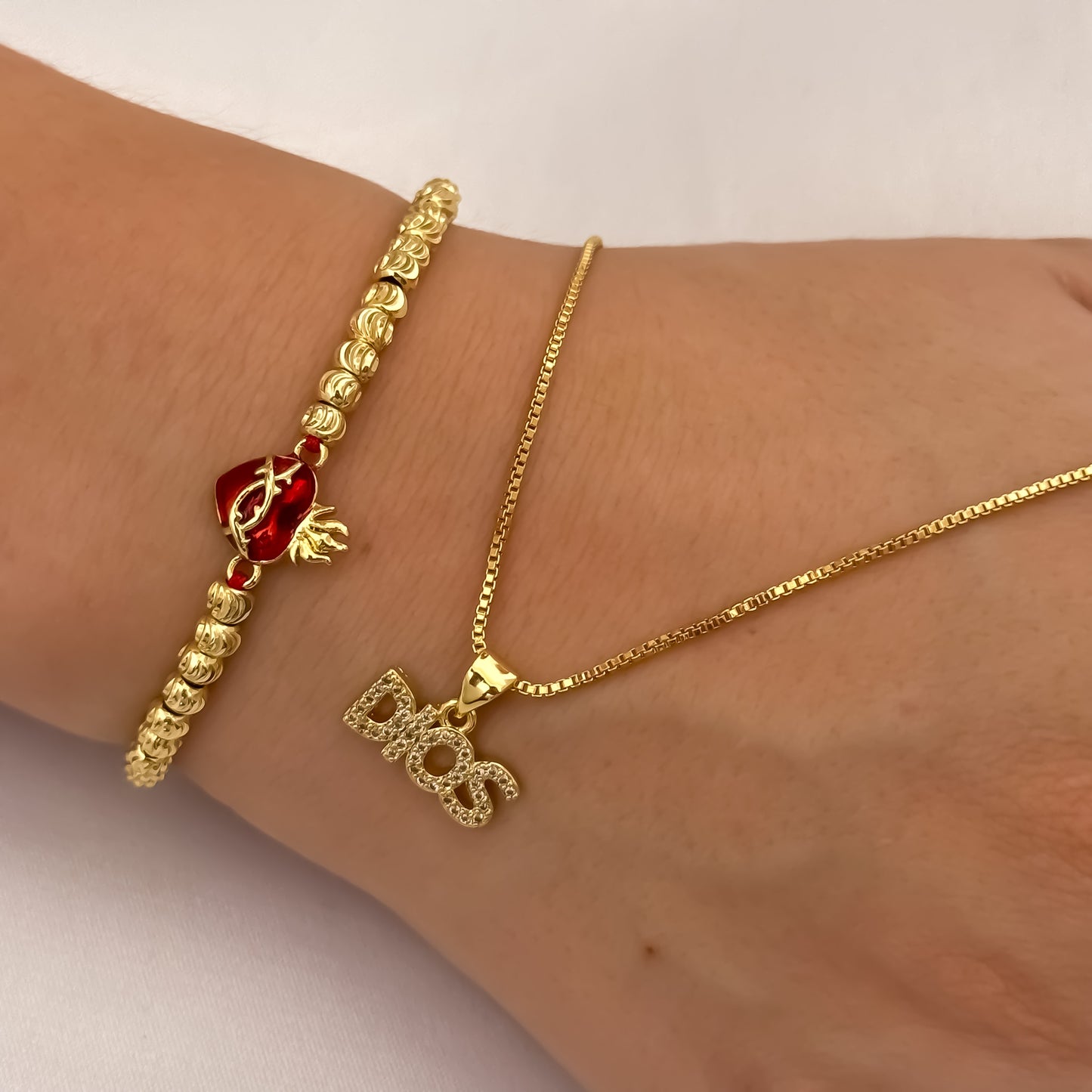 Cadena Tejido Veneciano de 45cm + Dije de DIOS + Pulsera de Corazon de jesus en Balin Italiano en Oro Laminado 18k con Garantia de por vida