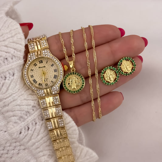 Conjunto San Benito Protección  Verde Esmeralda Cadena Singapur + Medalla San Benito + Topo San Benito en Oro Laminado 18k  + Reloj Dama Diamantado con Garantia de por vida