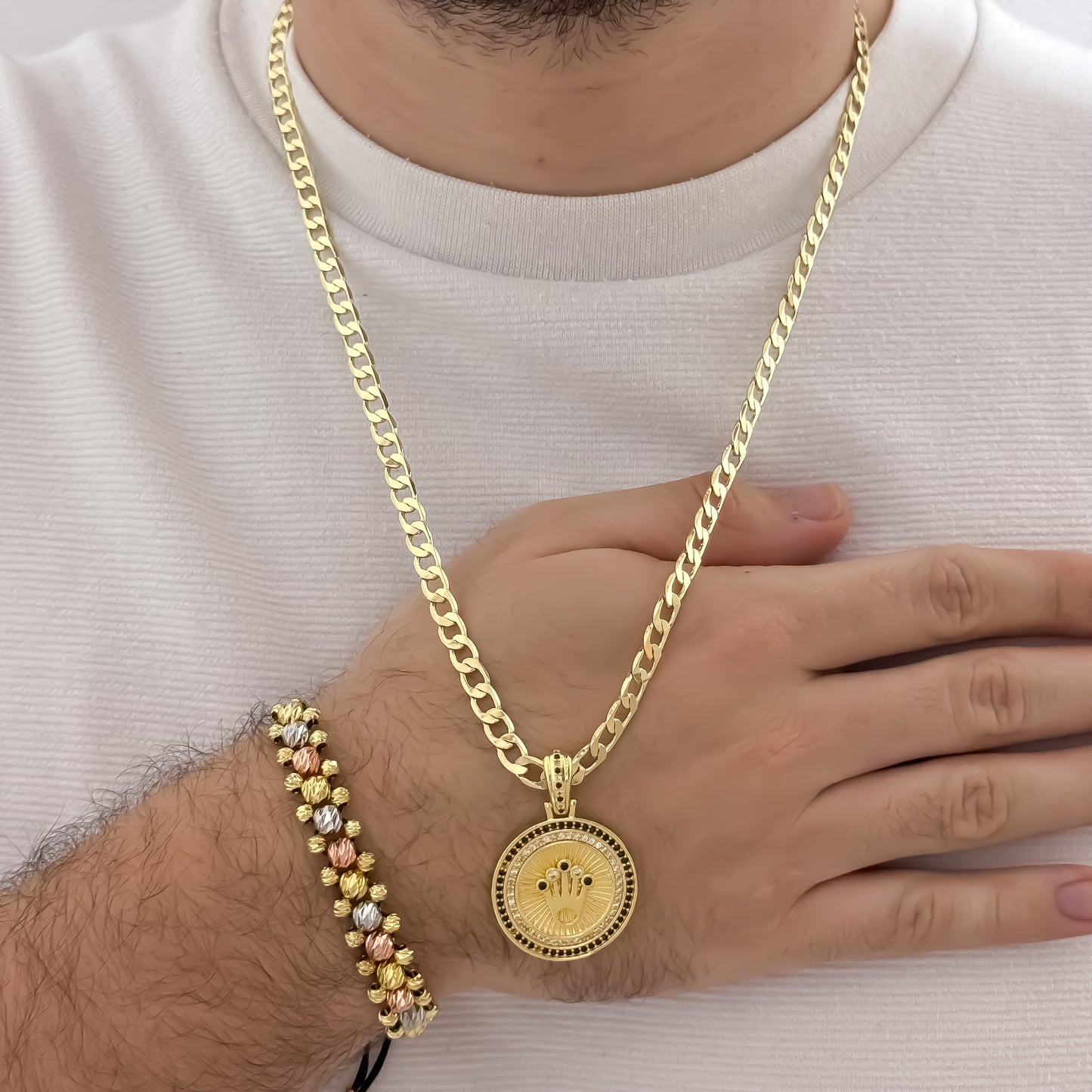 Cadena Tejido Cubana Gruesa de 60cm de 5mm de Grosor + Corona Rolex con Micro circones Negro + Pulsera 3 Carriles de 3 oro en Balin italiiano de 4mm 5mm 6mm en Oro Laminado 18k con Garantia de por vida