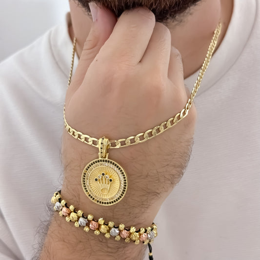 Cadena Tejido Cubana Gruesa de 60cm de 5mm de Grosor + Corona Rolex con Micro circones Negro + Pulsera 3 Carriles de 3 oro en Balin italiiano de 4mm 5mm 6mm en Oro Laminado 18k con Garantia de por vida