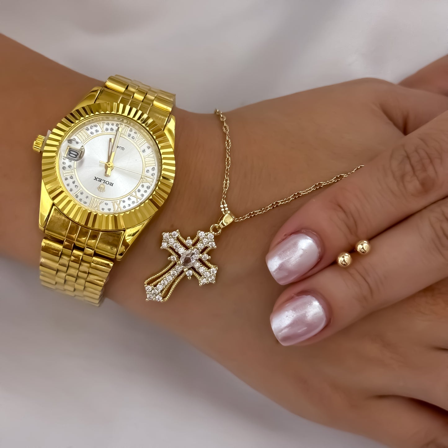 Cadena Tejido Crispeta de Dama de 45cm + Dije de Cruz con Micro circones  + Topo Balin en Oro Laminado 18k + Reloj de Dama Rolex con Garantia