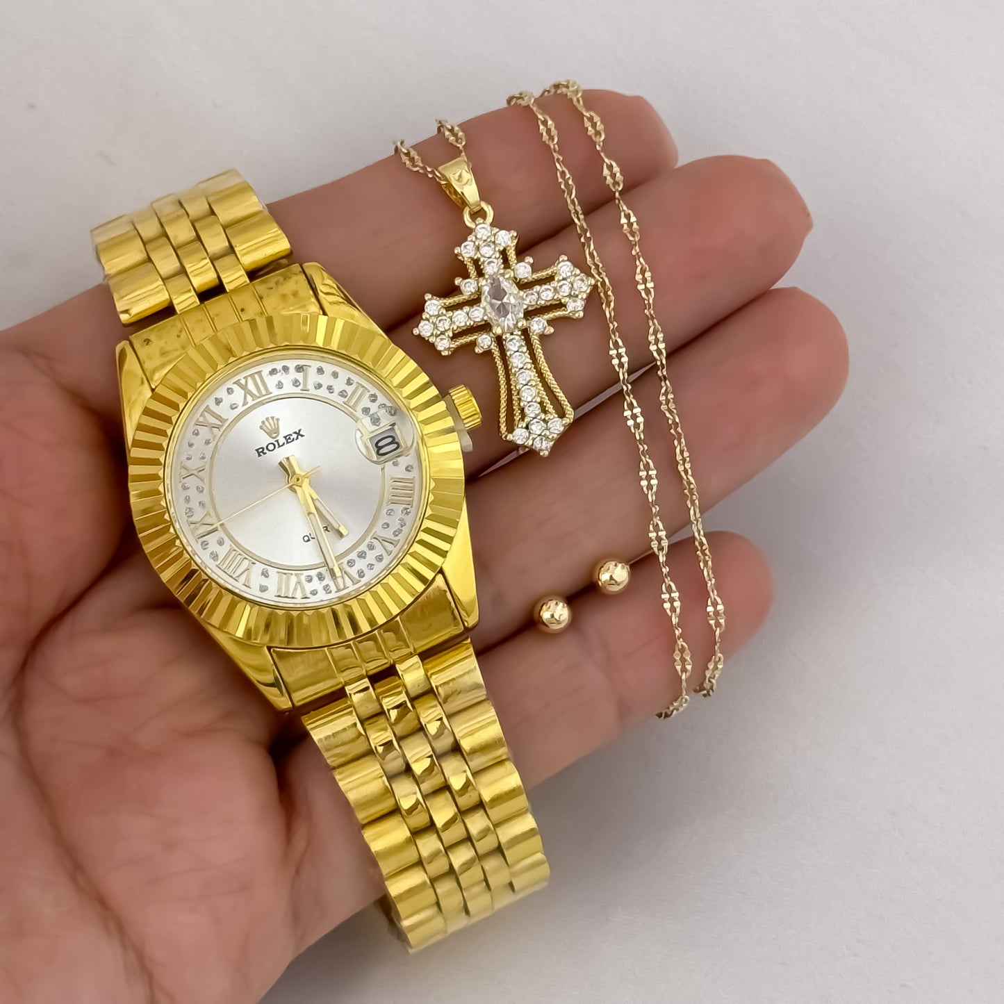 Cadena Tejido Crispeta de Dama de 45cm + Dije de Cruz con Micro circones  + Topo Balin en Oro Laminado 18k + Reloj de Dama Rolex con Garantia