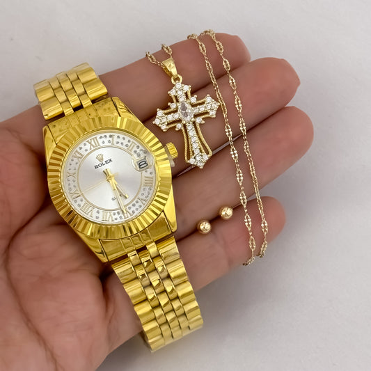 Cadena Tejido Crispeta de Dama de 45cm + Dije de Cruz con Micro circones  + Topo Balin en Oro Laminado 18k + Reloj de Dama Rolex con Garantia