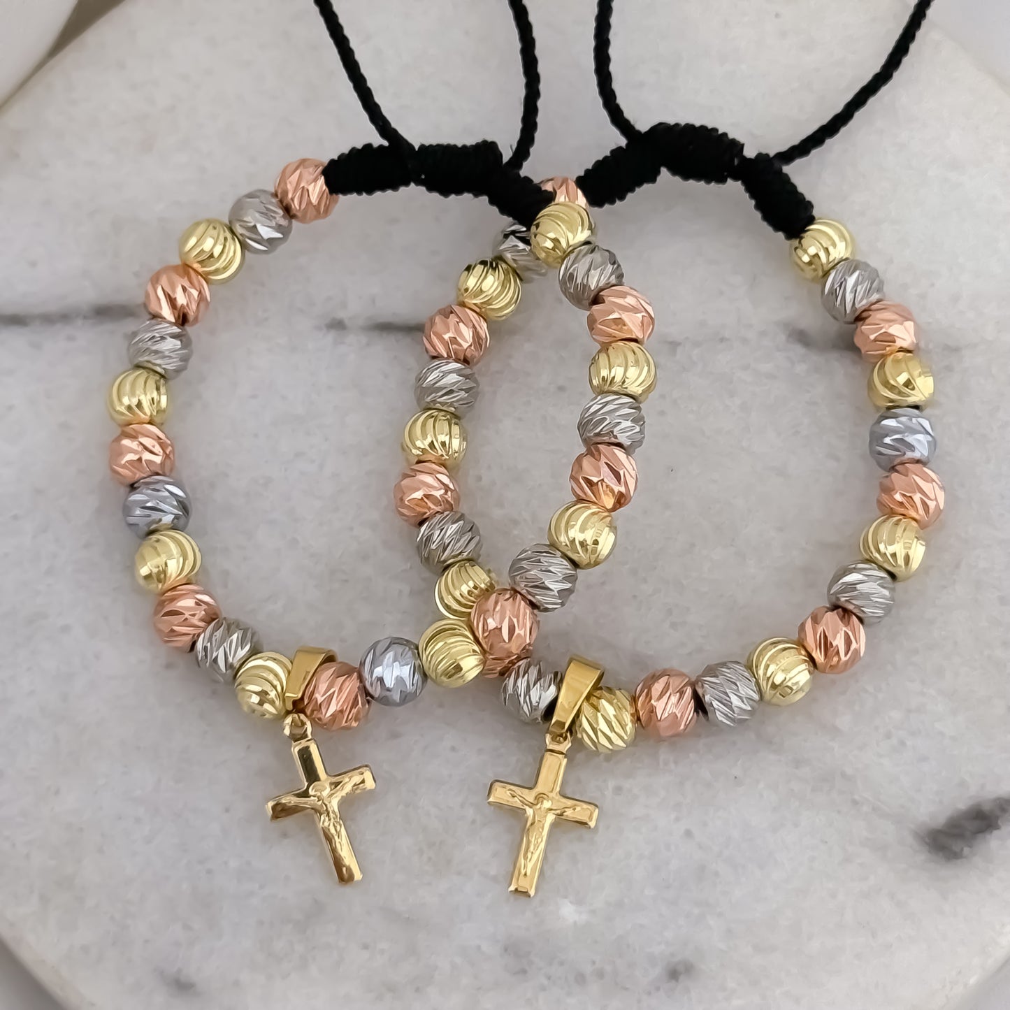 Promocion de 2 Pulseras para Parejas en 3 Oros + Cruz en Balin Nuevo italiano Nuevo Labrado en Oro Laminado 18k con Garantía de por vida
