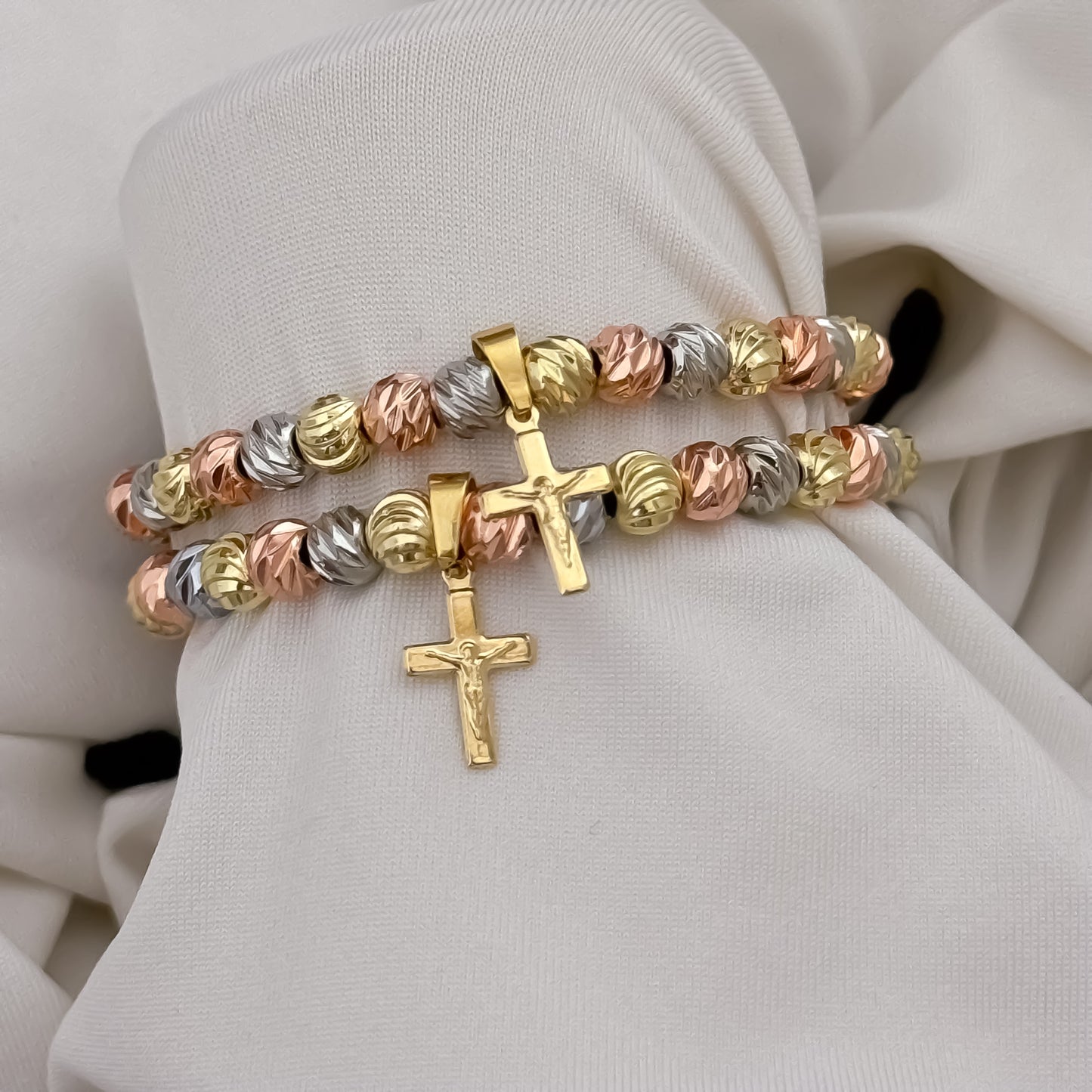 Promocion de 2 Pulseras para Parejas en 3 Oros + Cruz en Balin Nuevo italiano Nuevo Labrado en Oro Laminado 18k con Garantía de por vida