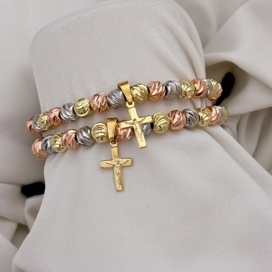 Promocion de 2 Pulseras para Parejas en 3 Oros + Cruz en Balin Nuevo italiano Nuevo Labrado en Oro Laminado 18k con Garantía de por vida