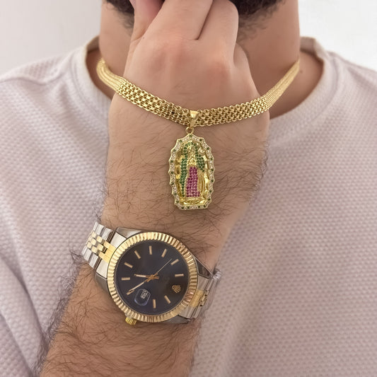 Cadena Tejido Chino Grueso de 60cm de 8mm + Virgen de Guadalupe Talla de Colores + Reloj Rolex Bicolor en Oro Laminado 18k con Garantía de por vida